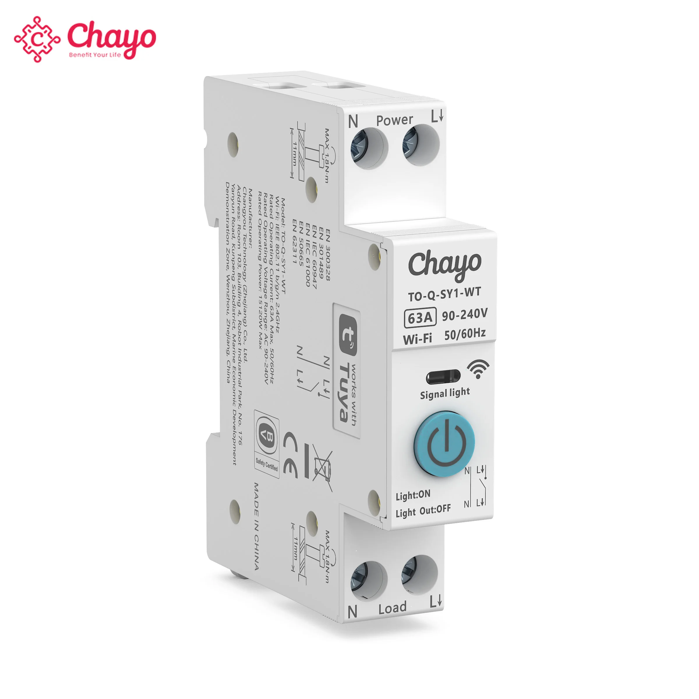 Chayo Tuya WiFi Smart Circuit Breaker 1P+N 6A-63A DIN‑Rail Energy kWh Volt‑Amp Monitor Timer Voice Remote Home Protection