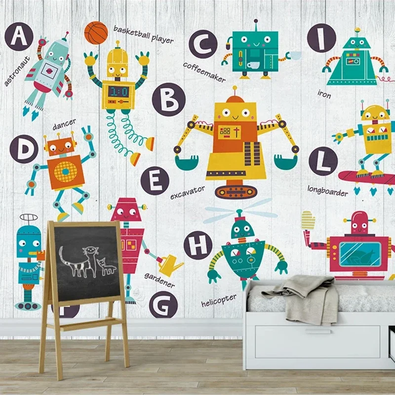 

Custom Mural Paper Cartoon Robot English Alphabet Children Room Kindergarten Baby Room Boys Bedroom Wall Decor Photo Wallpaper