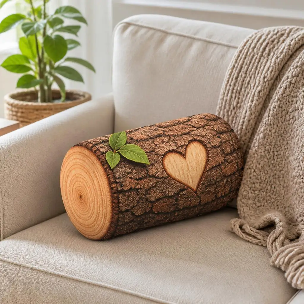 Rustic Log Shaped Pillow with Heart Wood Design Tree Trunk Cushion Decorative Throw Pillow for Sofa Cabin Home Decor Gift