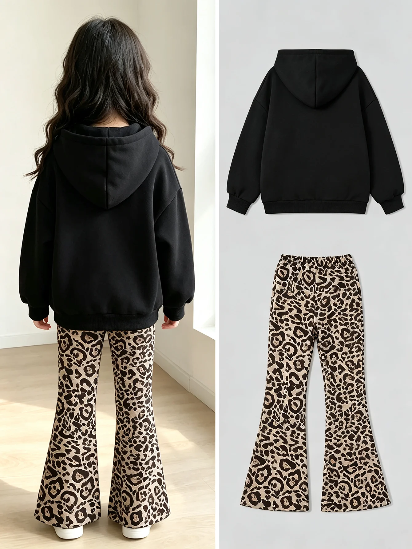 Children's Autumn Winter Solid Color Hooded Long Sleeve Sweatshirt Top with Leopard Print Flared Pants Set for Kids