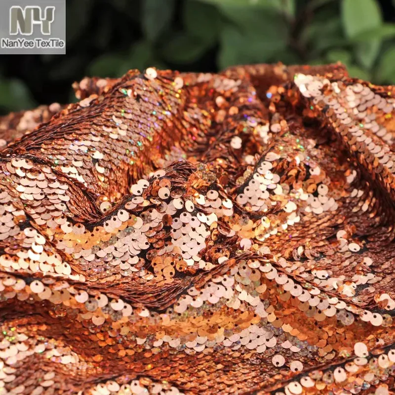 Rose Gold Laser Sequin Mesh Fabric for Clothing Jacket Sparkling Cloth Antique Copper Brown Colorful Designer Diy Sewing