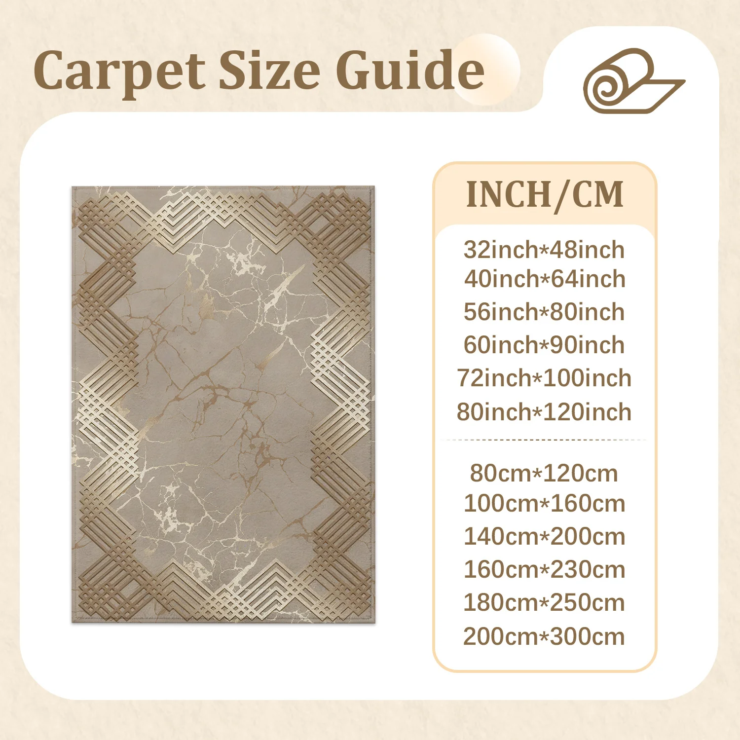 Large Indoor Area Rug, Soft Velvet Low Pile with Non-Slip Dotted Backing, Machine Washable, Beige Marble Vein Geometric Lattice Pattern Rug for Living Room Bedroom