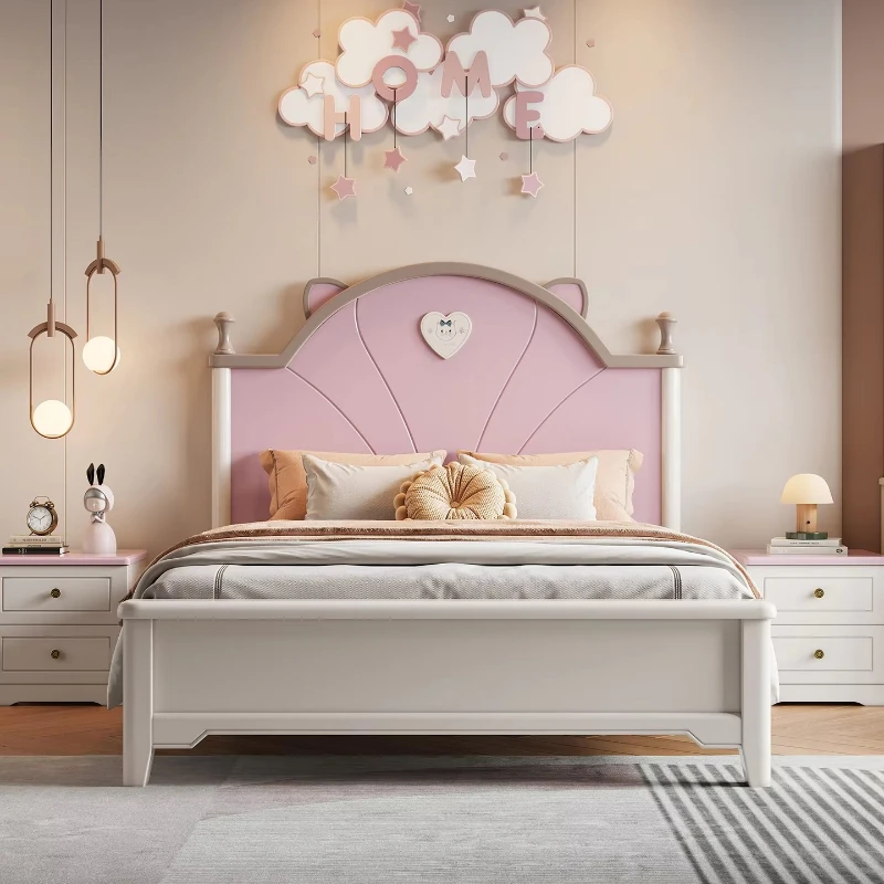 Cream Cat‑Ear Solid Wood Kids Furniture Set, Non‑Toxic Water‑Based Paint Bed Desk Bookcase Wardrobe for Bedroom & School