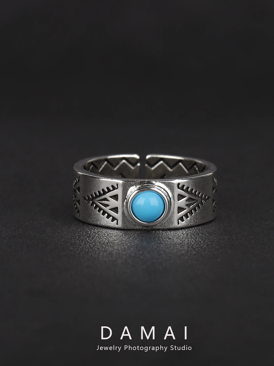 

DAMAI Trendy High Bridge Indian Pattern Totem Turquoise Open Ring Men's Hip Hop Vintage Ring Fashionable Personalized Accessory