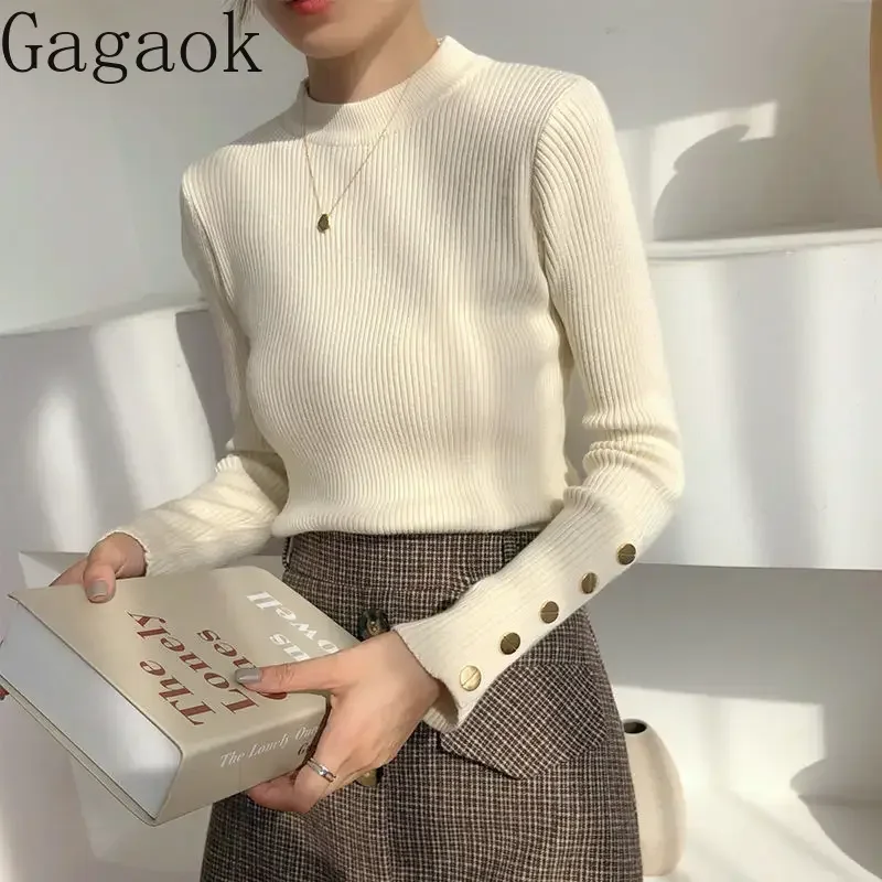 Gagaok Autumn Winter Half High Collar Sweater Inner Undercover Top Female Slim Buttons Long Sleeve Knitted Pull Women Elegance