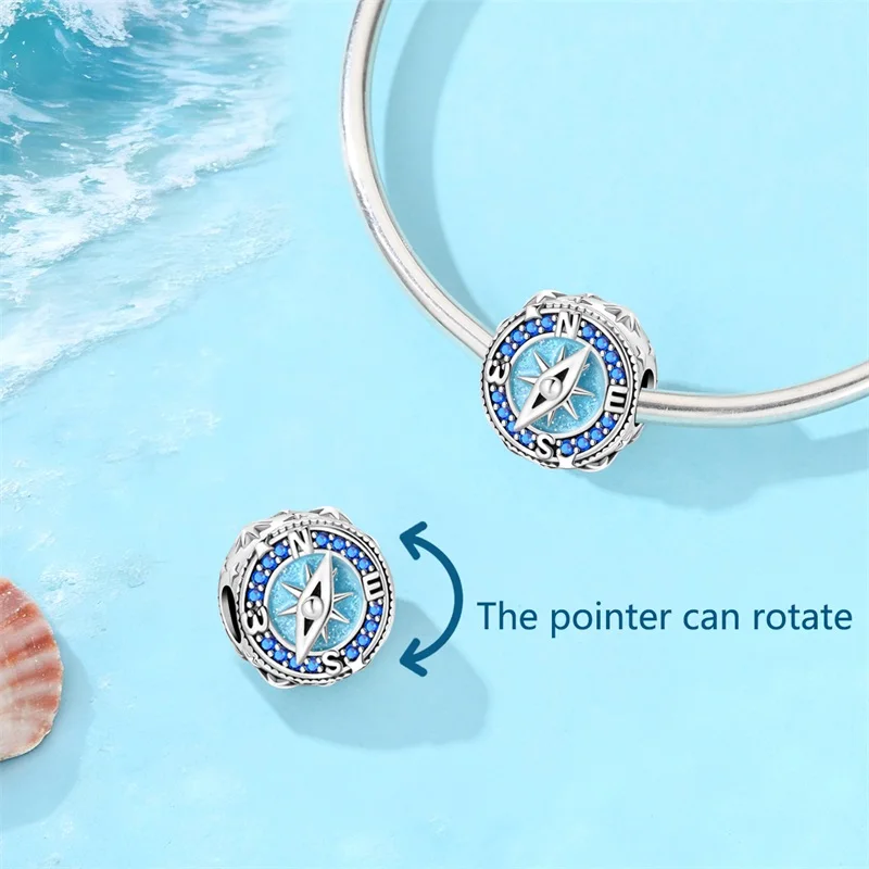 

2026 New 925 Sterling Silver Compass CZ Zircon Charms Beads Fit 3mm Original Bracelet DIY Women Exquisite Birthday Jewelry Gifts