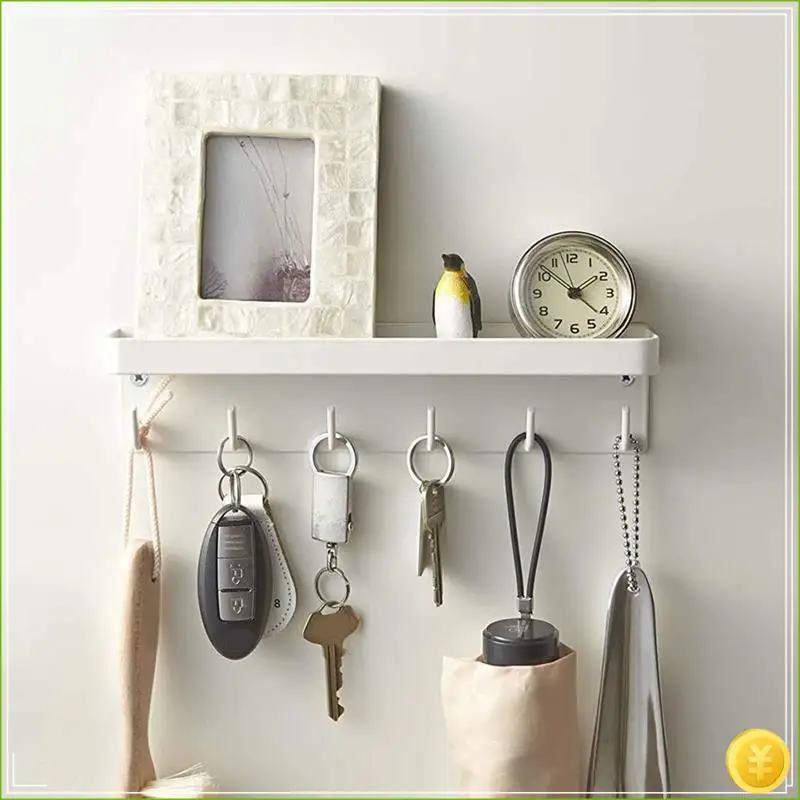Key Ring,Wall Keychain,With Shelf,Key Tray With Shelf And 6 Self-Adhesive Hooks,Key Bar For Office Bathroom