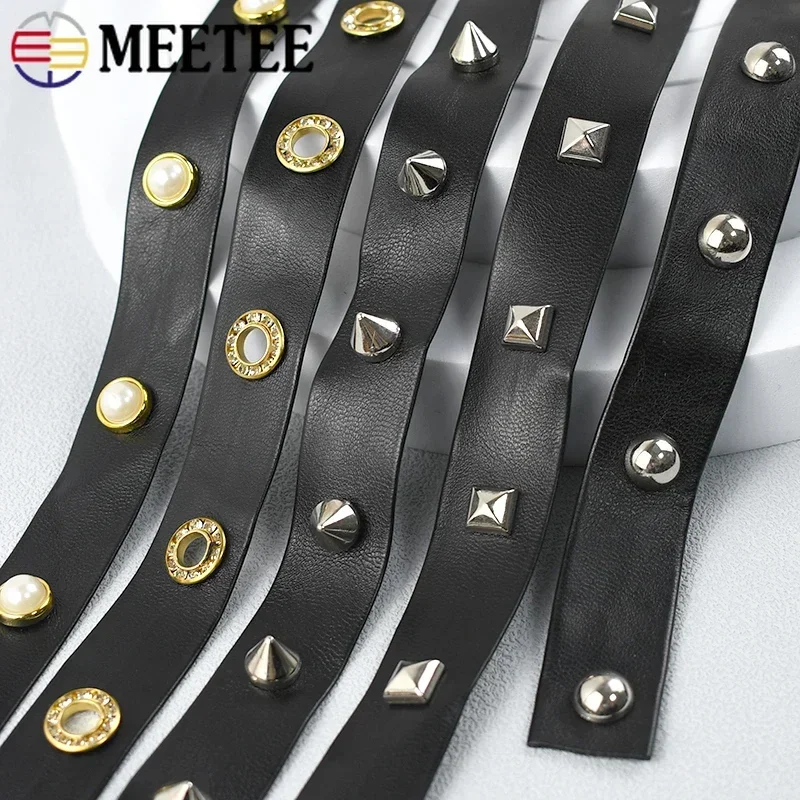 2/4M Meetee 10/15/20mm Rivet PU Leather Ribbons Sewing Bag Strap Eyelets Band Rope Collar Decor Cord Garment Material Accessory