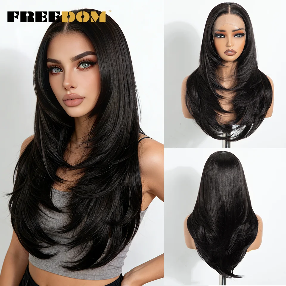 

FREEDOM 13x3 Synthetic Lace Front Wigs For Women 20 Inch Straight Pre Plucked Layered Lace Wigs Ombre Brown Blonde Cosplay Wigs