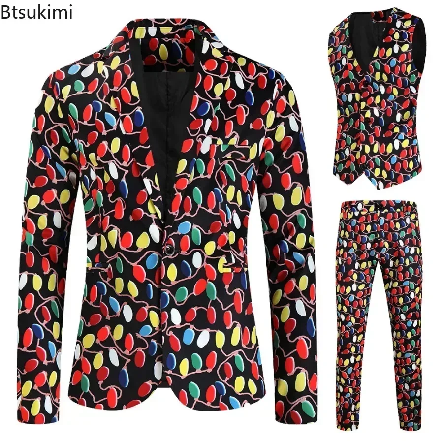 Herren 3 Stück Weihnachts anzüge Langarm Blazer Jacke Weste Hosen Winter Santa Claus Schneeflocke gedruckt Herren lustige Kleidung