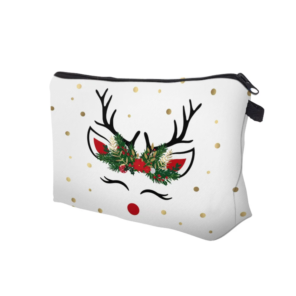 Christmas Deer Print Makeup Bag Portable Women Small Travel Toiletry Organizer Digital Printing Cosmetic Zipper Storage Pouch