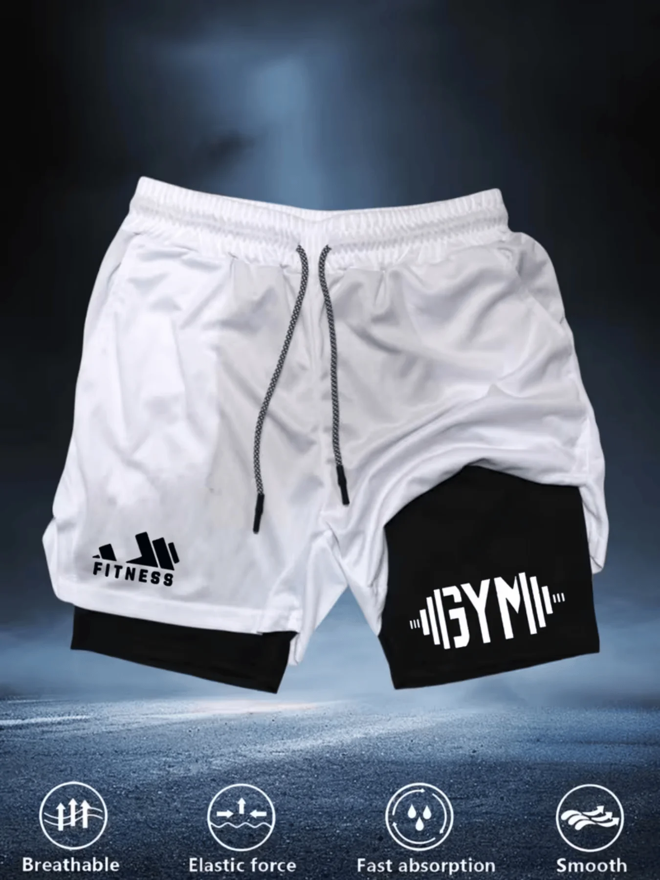 

Мужские быстросохнущие двухслойные шорты для спортзала с принтом, дышащие и влагоотводящие, незаменимые для фитнеса и тренировок.