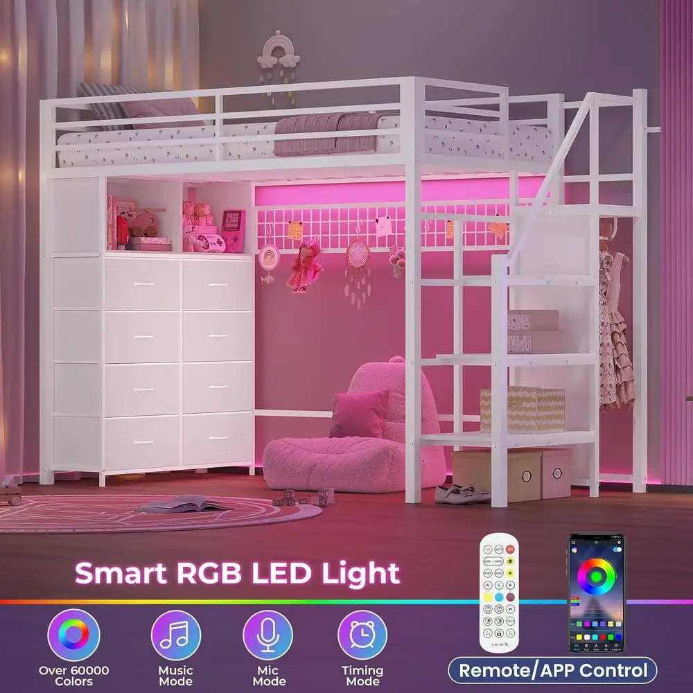 ADORNEVE Twin Size Lot Bed with Storage Stairs, 8 Ders, Metal Kids Lot Bed Twin with LED Lights, Power Outlet, Shelves and Wardr - view 5