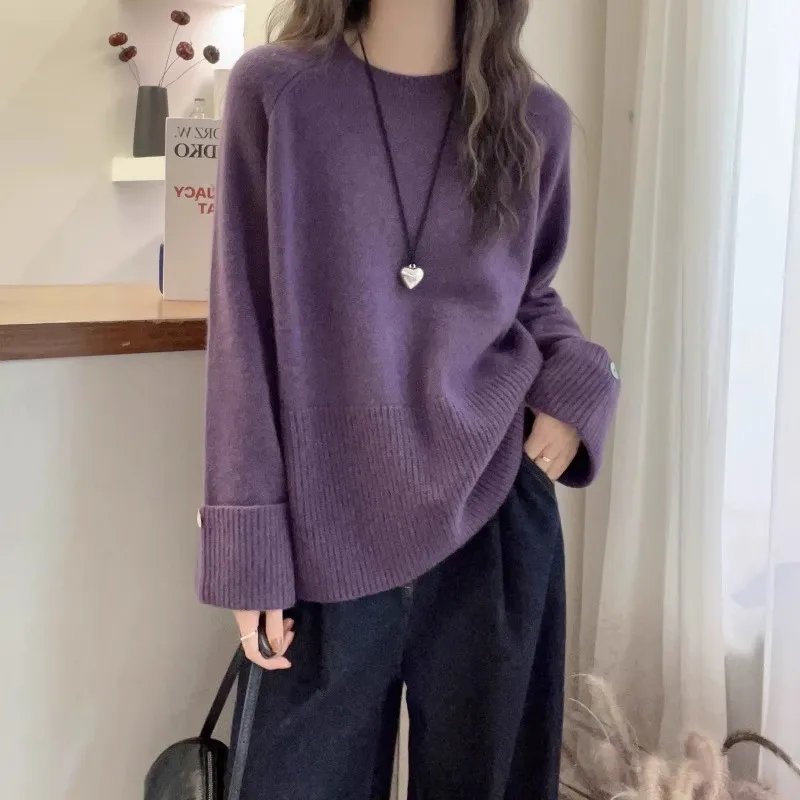 

Stylish and versatile round-neck loose cashmere sweater women's autumn and winter knitted sweater wool base layer
