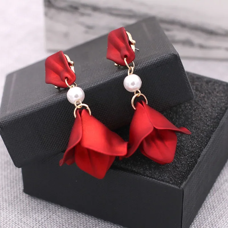 Spring Summer Red Earrings Gifts Vintage Wine Red Rose Flower Earrings Elegant Petal Tassel Long Drop Earrings Women Jewelry