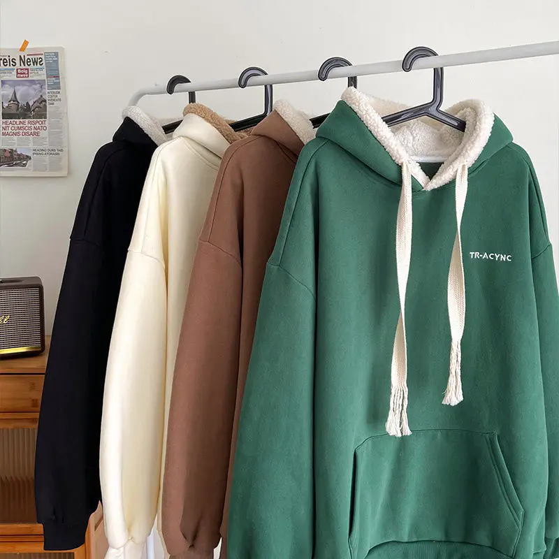 Women Hoodie Sweatshirts Winter Solid Color Plush Long-sleeved Hooded Sweatshirt Korean Casual Loose Pullover Top Ropa De Mujer