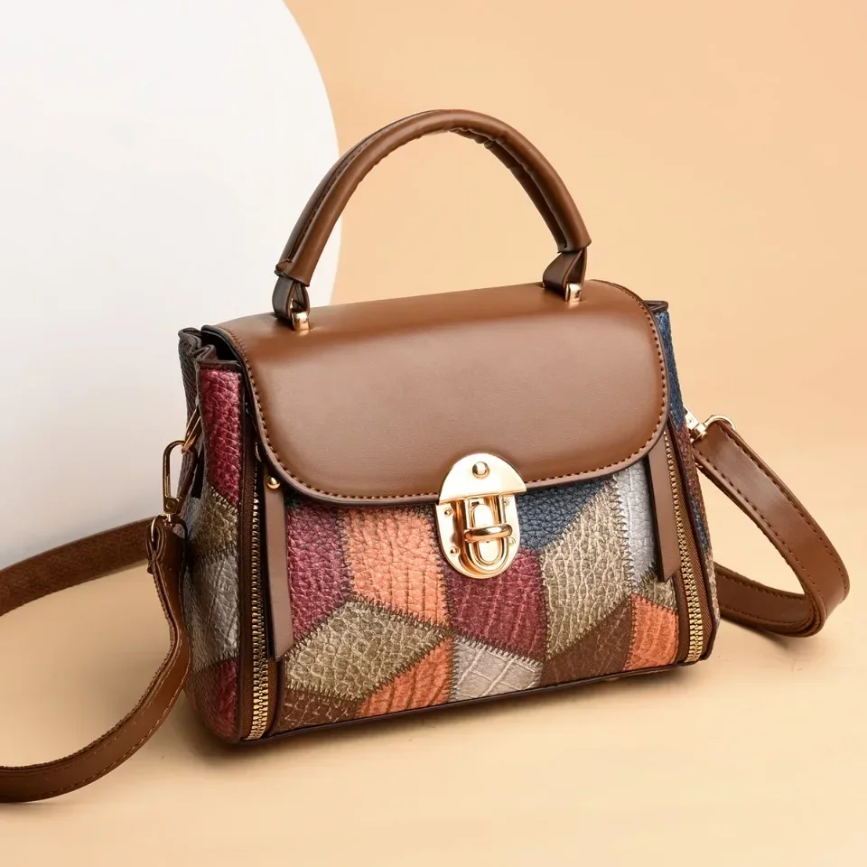 Autumn New Color-Blocked PU Leather Women's Small Square Tote Stylish Shoulder and Crossbody Bag with Internal Zipper Pocket