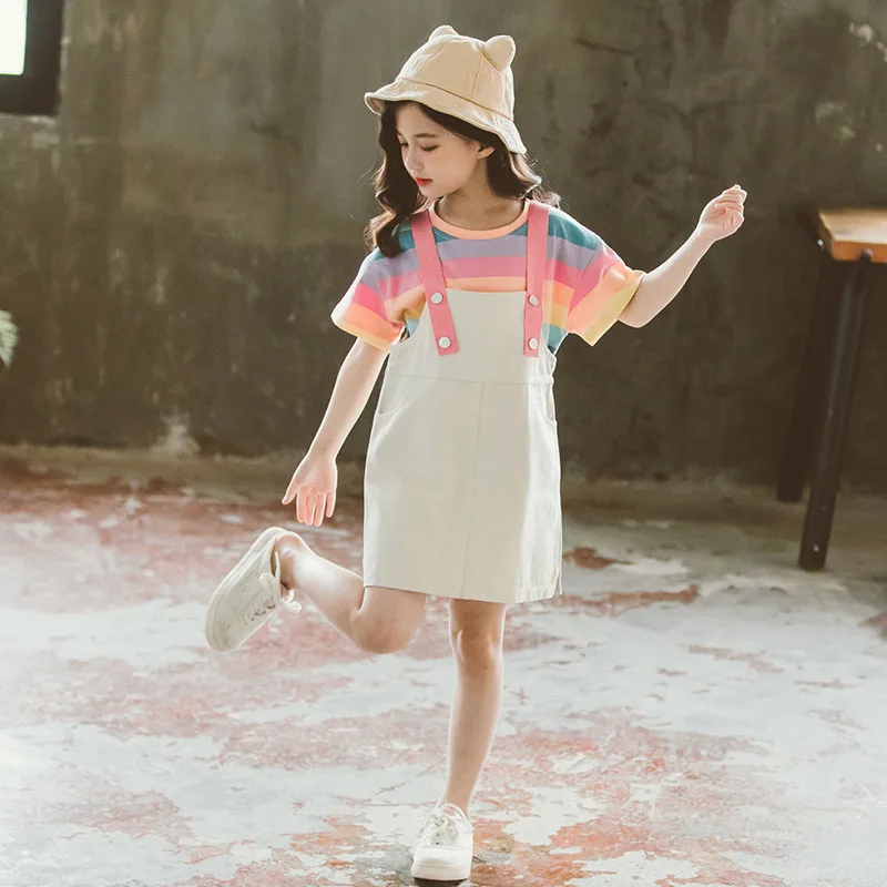 5 6 8 10 12 Years Girls Clothing Sets Summer Rainbow Stripes Tops And Overalls Little Princess Suits Birthday Party Kids Clothes