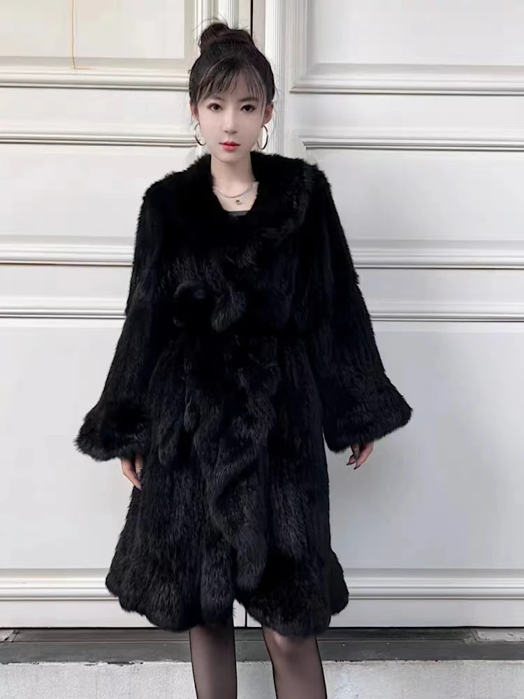 Hot-selling new autumn and winter double-sided braided rabbit fur ruffled long waisted lace-up fur coat for women