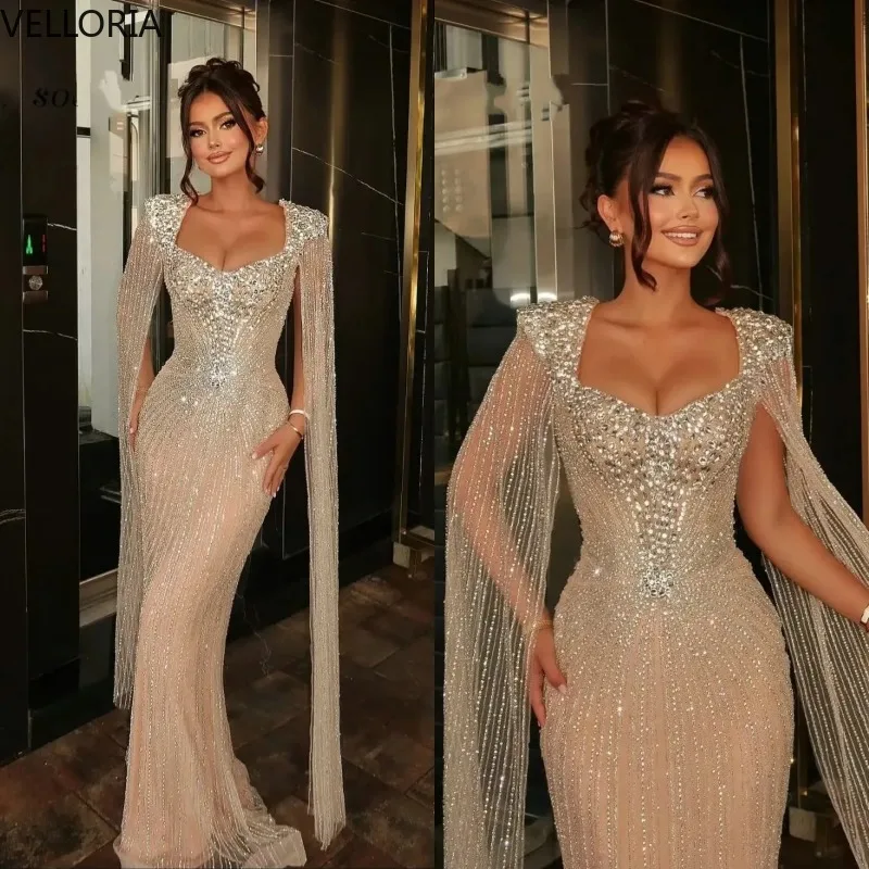 

Sparkly Evening Dress Women Long Sleeves Sequins Crystal Gown Party Dress Ball Gown Sweep Train Vestdos De Fiesta Customized