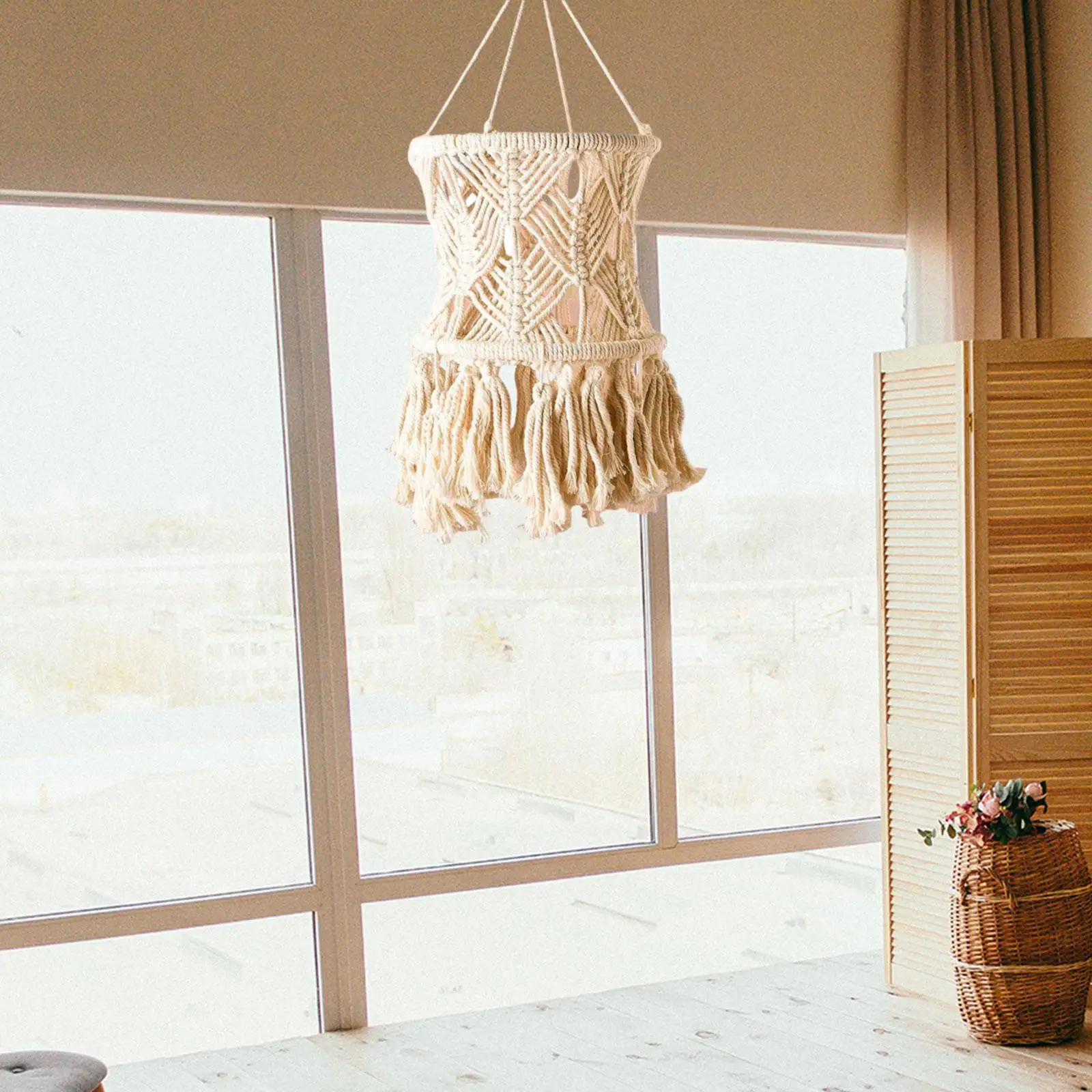 Macrame Ceiling Lamp Shade Boho Hand Knitted Hanging Light Cover Shade for Nursery Living Room Dorm Room Office Decoration