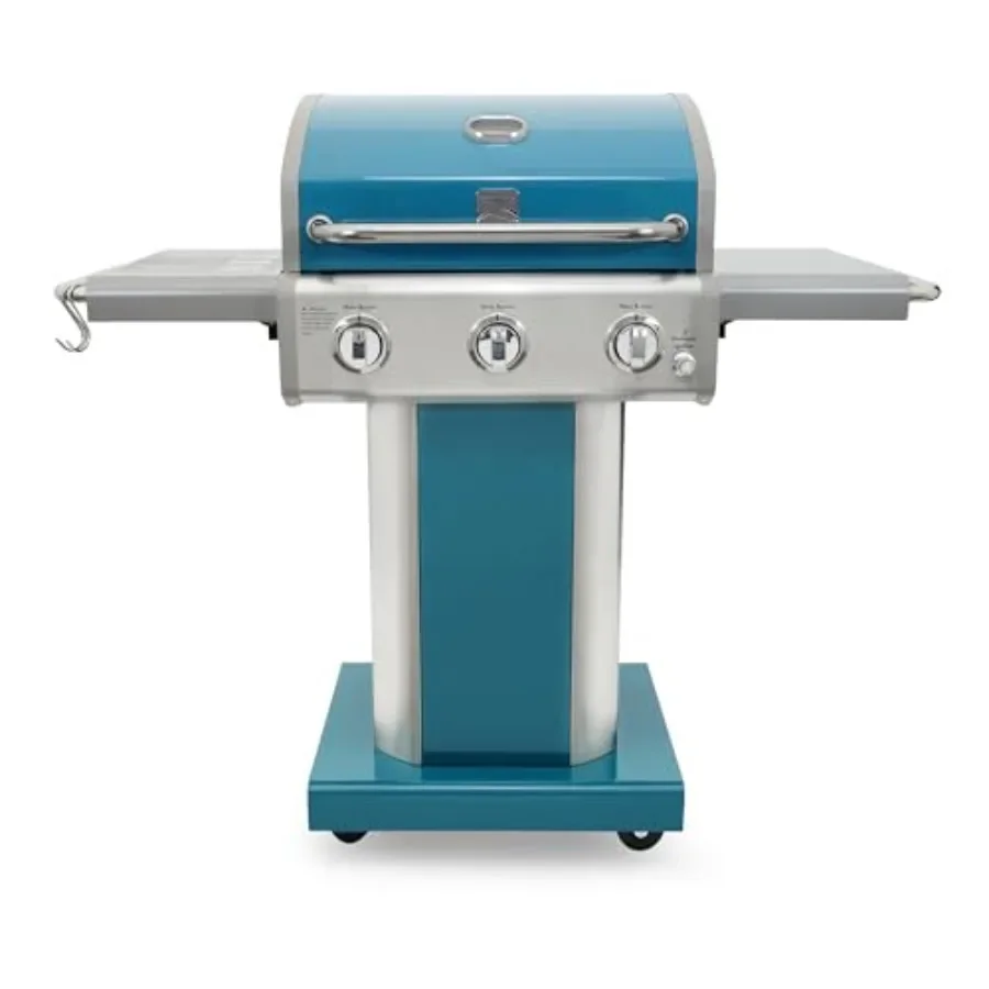 

Outdoor propane BBQ grill with 3 burners, 30, 000 BTUs, cast iron grates, black finish, folding side tables, wheels, and tool h