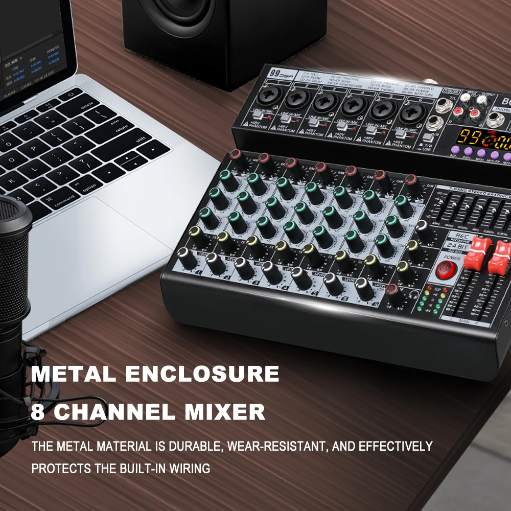 BOMGE 99DSP 8 Channel Audio Mixer Sound Console Card With USB Interface 48V BT 7-band EQ for PC MP3 Microphone Recording karaoke