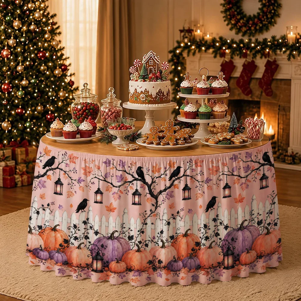 Halloween pumpkin field fence table skirt, party buffet table decoration, autumn Halloween home decoration