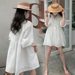 2024 Spring Maternity Clothes Loose Lantern Sleeve V-neck White Cotton Dress for Pregnant Woman Fashion Pregnancy Party Dresses