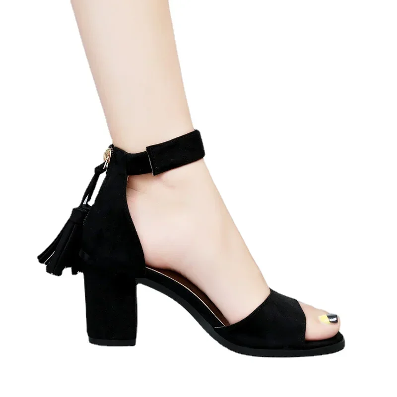 Thick Heel Sandals Women Summer Wild Large Size High Heel Mid-heel Buckle Sandals Open Toe Flock Pumps Black Shoes 2024