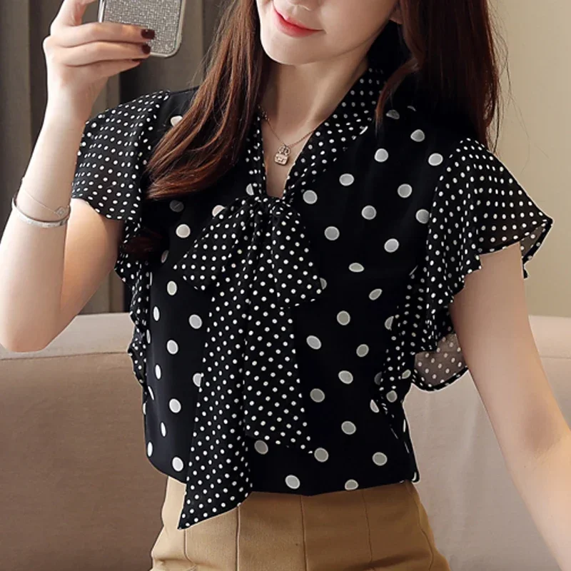 Blusas Mujer De Moda 2024 Women\'s Tops and Blouses V-Neck Polka Dot Bow Sleeveless Chiffon Blouse Women Tops Blouse Women 4719