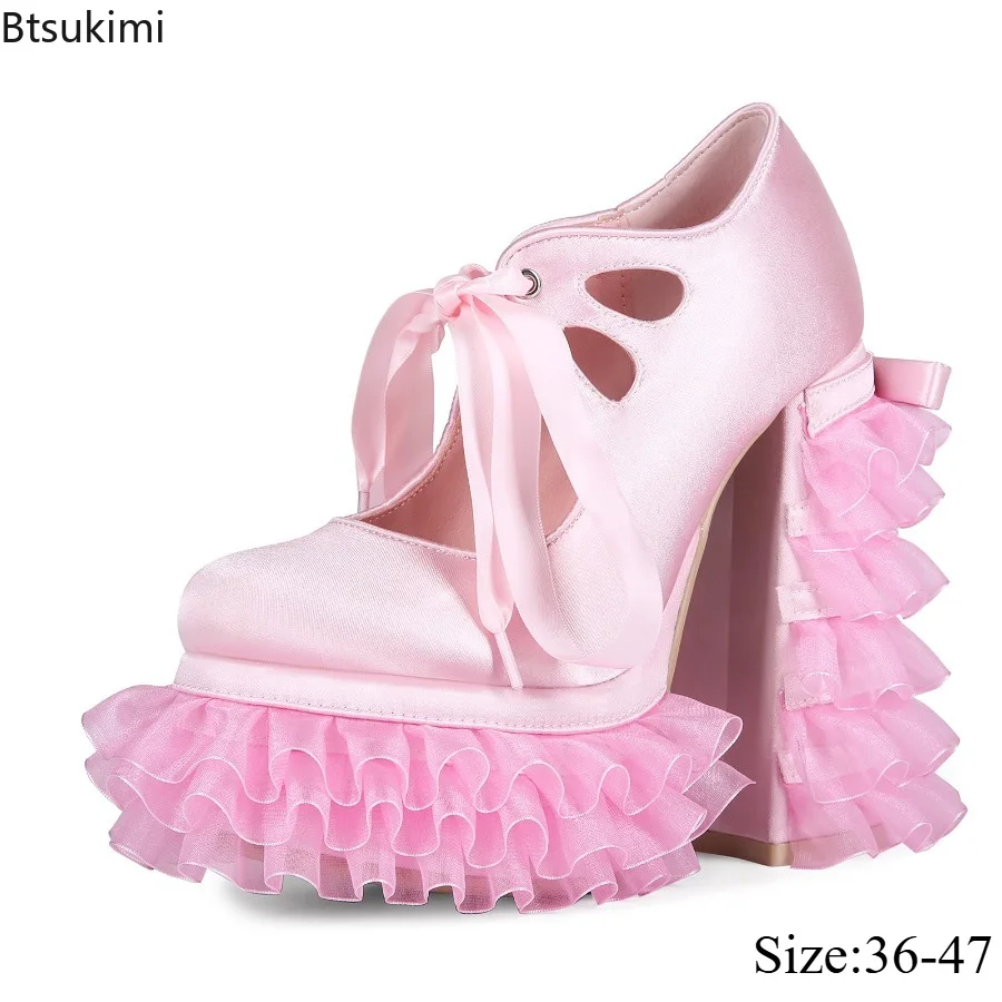 Women's Pink Ruffled Thick Soled High Heels with Front Strap Lolita High Heels Sweet and Versatile Casual Thick Soled Shoes36-47