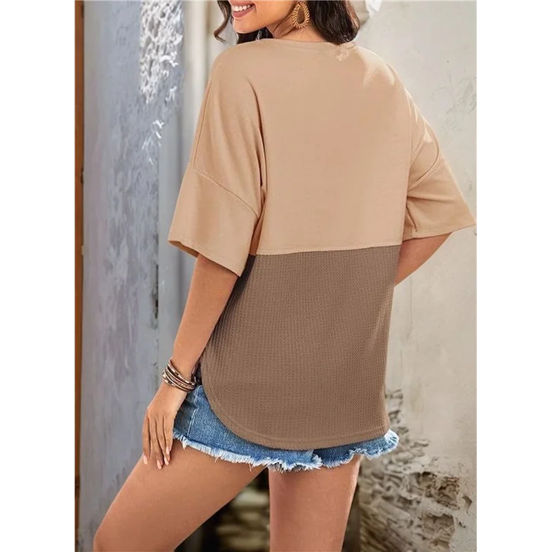 

CGS-женские вязаные топы вафельного цвета, мода 2025 года, с рукавами 3/4, с круглым вырезом, большие лоскутные блузки