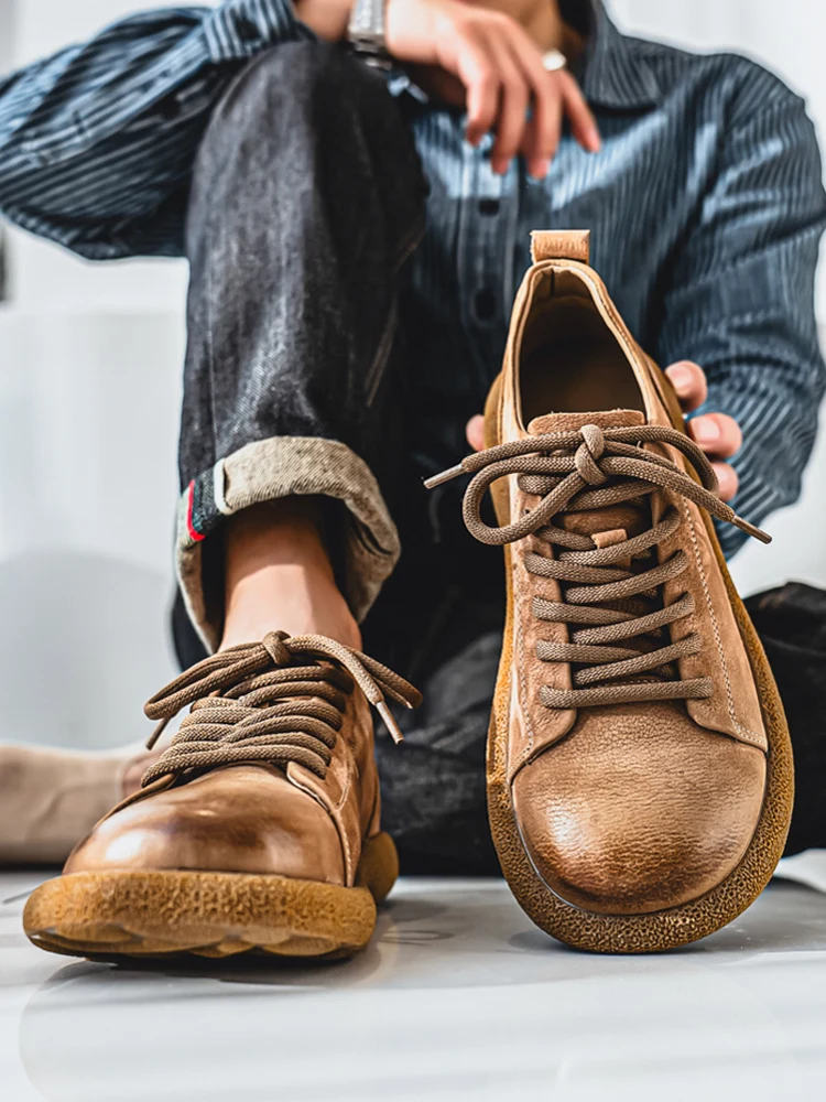Spring Autumn Men's Casual Shoes Breathable Top Layer Cowhide Vintage Workwear Style Comfortable Fashionable Youth Trend