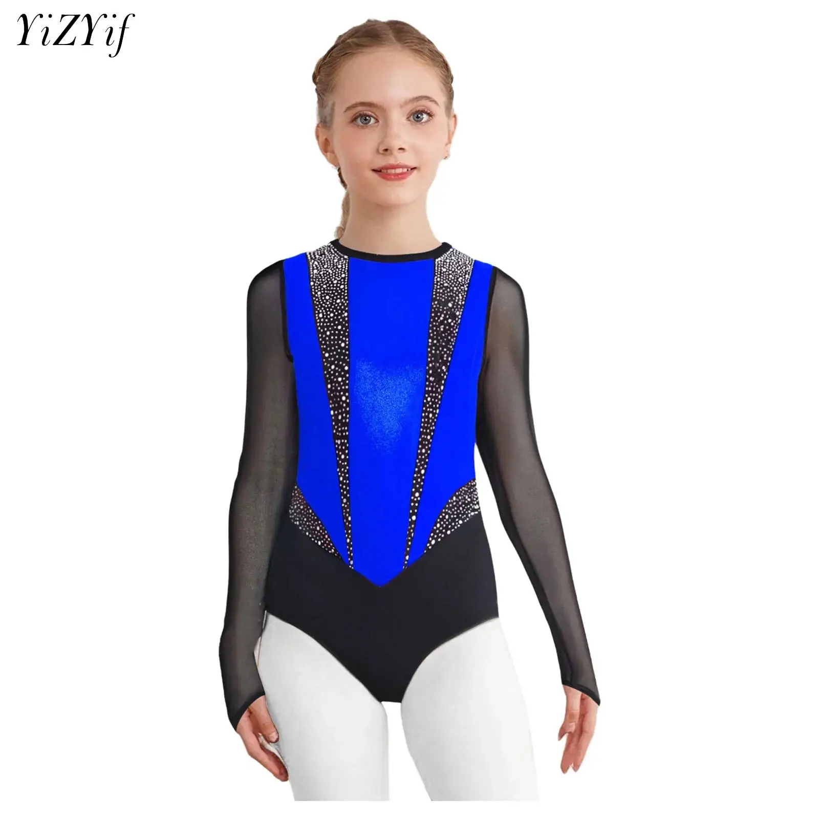 

Girls Figure Skating Bodysuit Ballet Dance Jersey Gymnastics Acrobatics Yoga Leotard Long Sleeve Sheer Mesh Metallic Jumpsuit