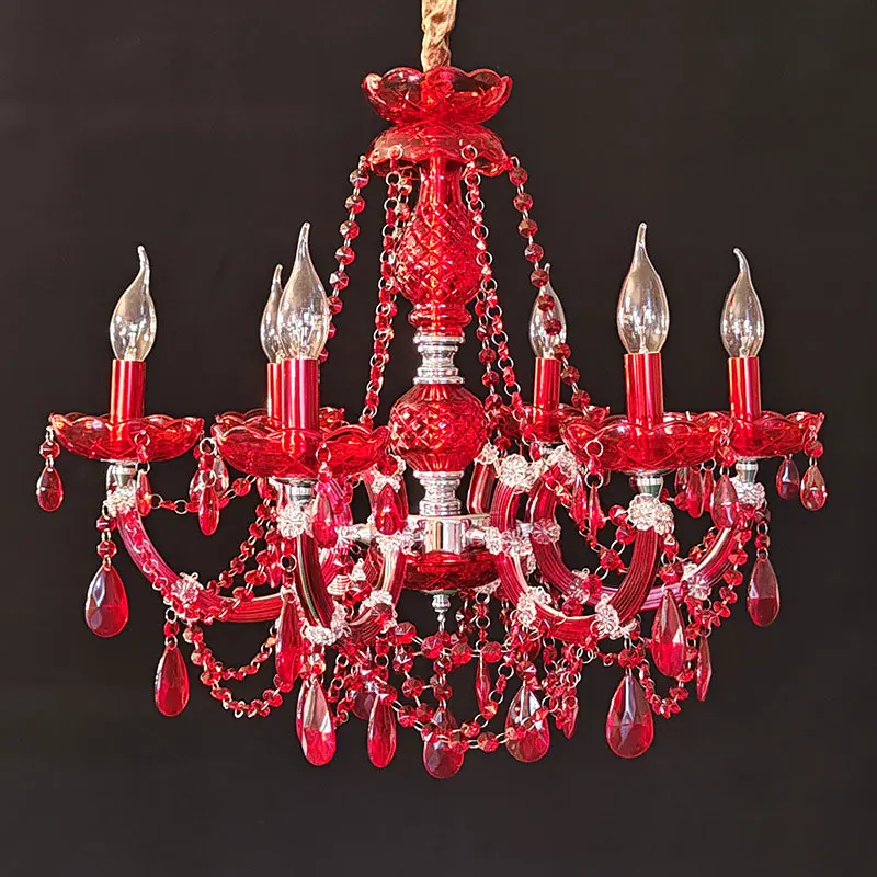 Crystal Pendant Light European Style Living Room Dining Room Bedroom Wedding Room Festive Red Candle Chandelier 6 HeadsDroplight