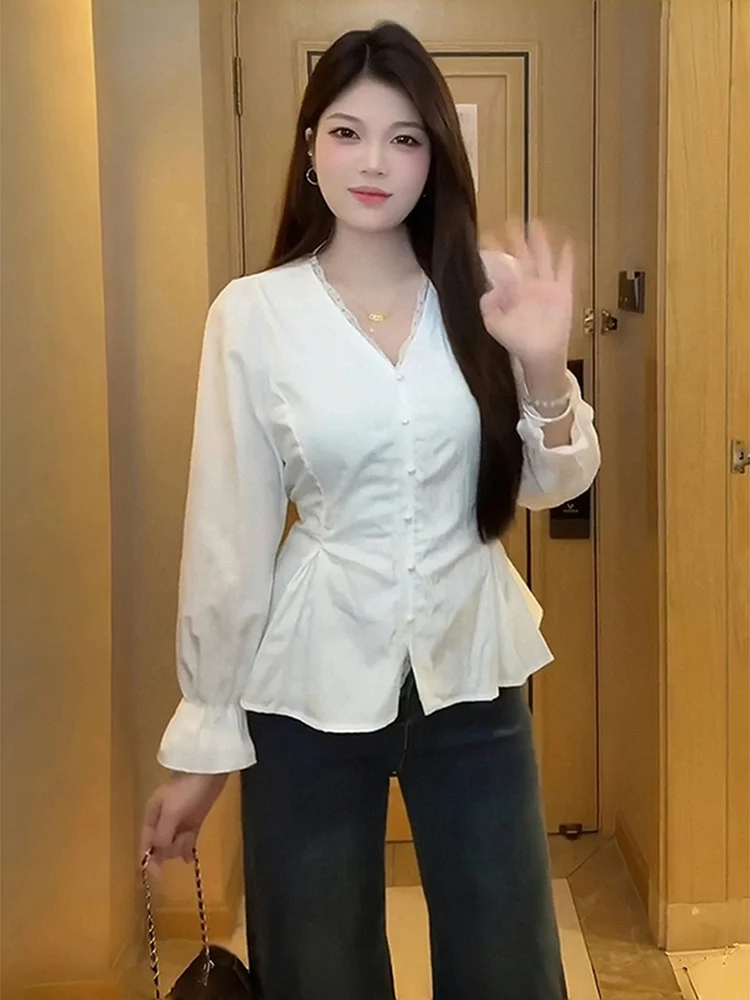 

Ruffle Hem Long Sve Lace V Ne Women's irt Autumn Faion plus Size Slimming French Sle Belted Breathable Skin-Friendly