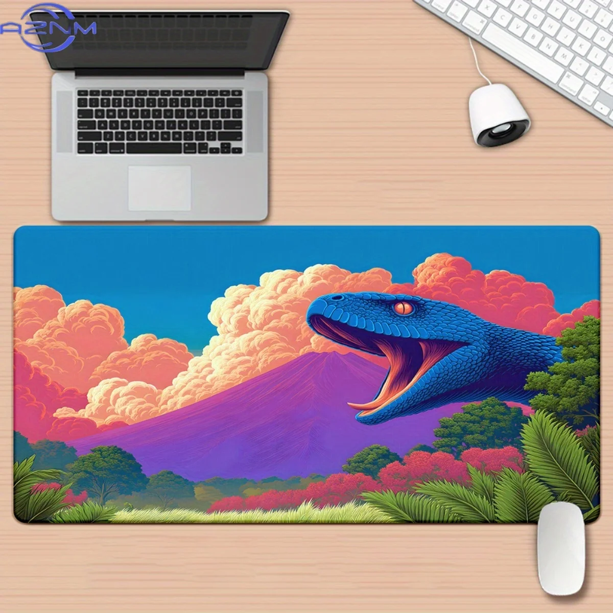 One XXL Snake-Themed Mouse Pad Featuring a Colorful Landscape, Designed for Gaming And Office Use. It Has a Non-Slip Rubber Base