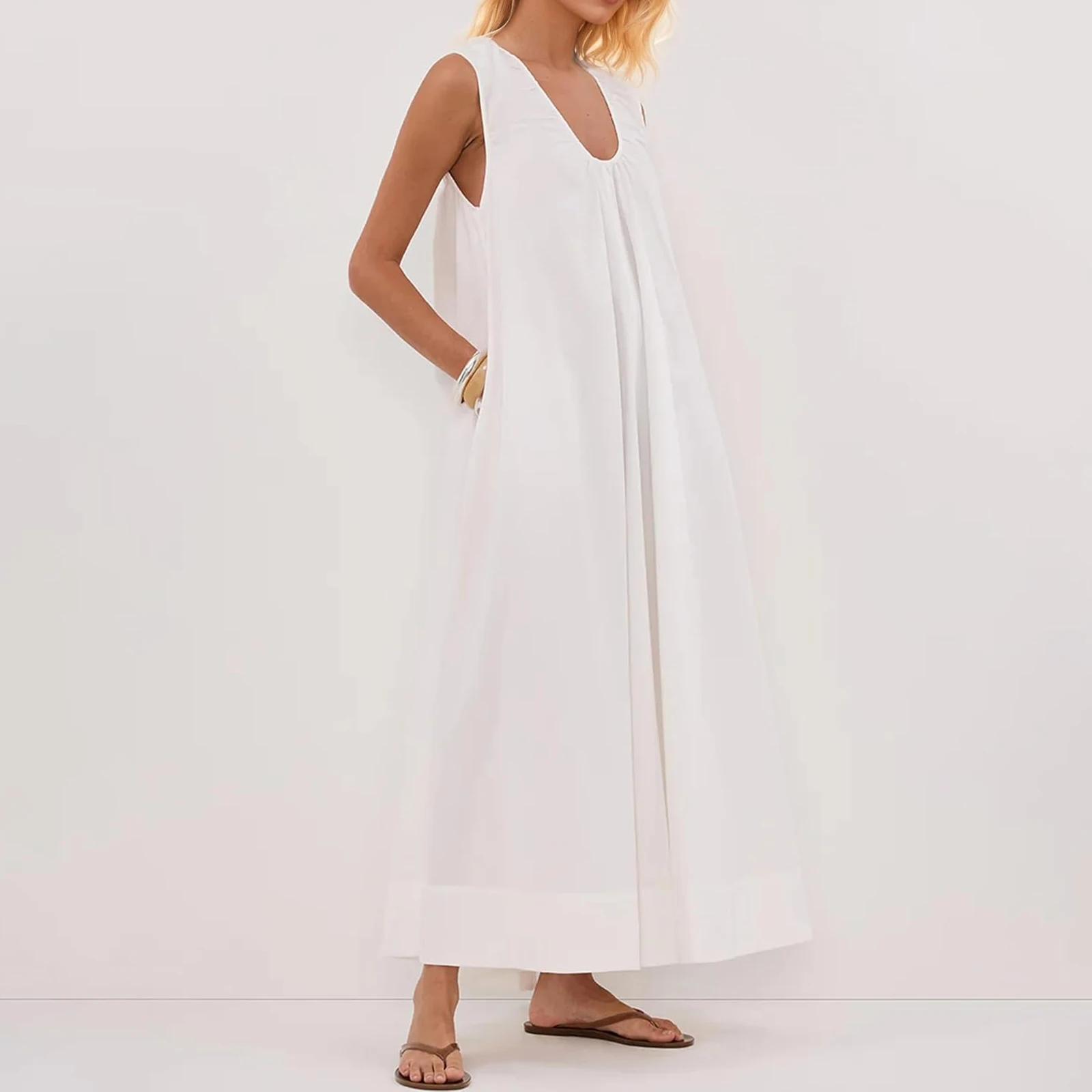 Nowa Modna Damska Letnia Długa Sukienka na Ramiączkach, Jednolity Kolor, Bez Rękawów, Dekolt Okrągły, Marszczenia, Szerokie Ramiona, Luźna Sukienka