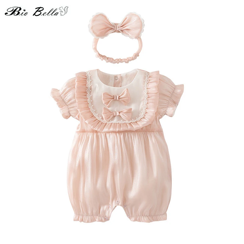 

Baby Girl Clothes 2pcs Infant Newborn Romper Casual Cotton Ribbed Short Sleeve Bowknot Ruffles Jumpsuit+Headband Set