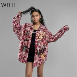 WTHT New Fashion Women's Cartoon Print Plaid Shirts 2024 Winter Trendy Single Breasted Long Sleeves Blouse Female 1LS419