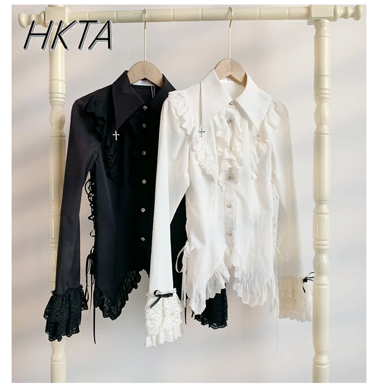 

Original Design Gothic Y2k Top Slim Waist Trimming Black White Shirt 2025 Spring Lolita Women's Solid Color Blouse Camisas Girl