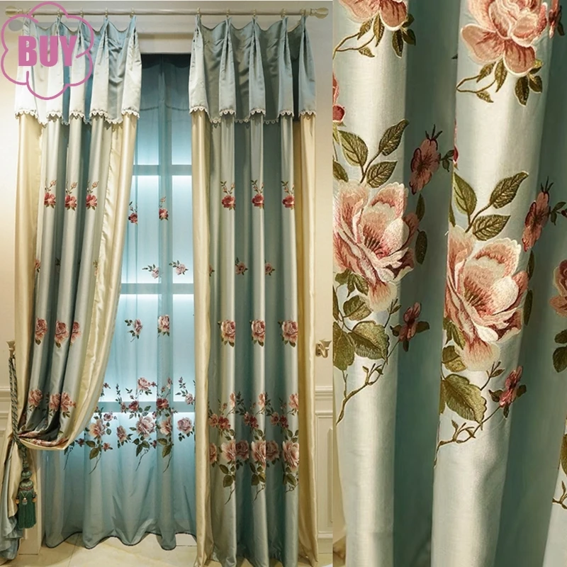 

Customized Chinese Style Flower Embroidered Screen Light Blue Patched Curtains for Living Room Bedroom French Window Balcony