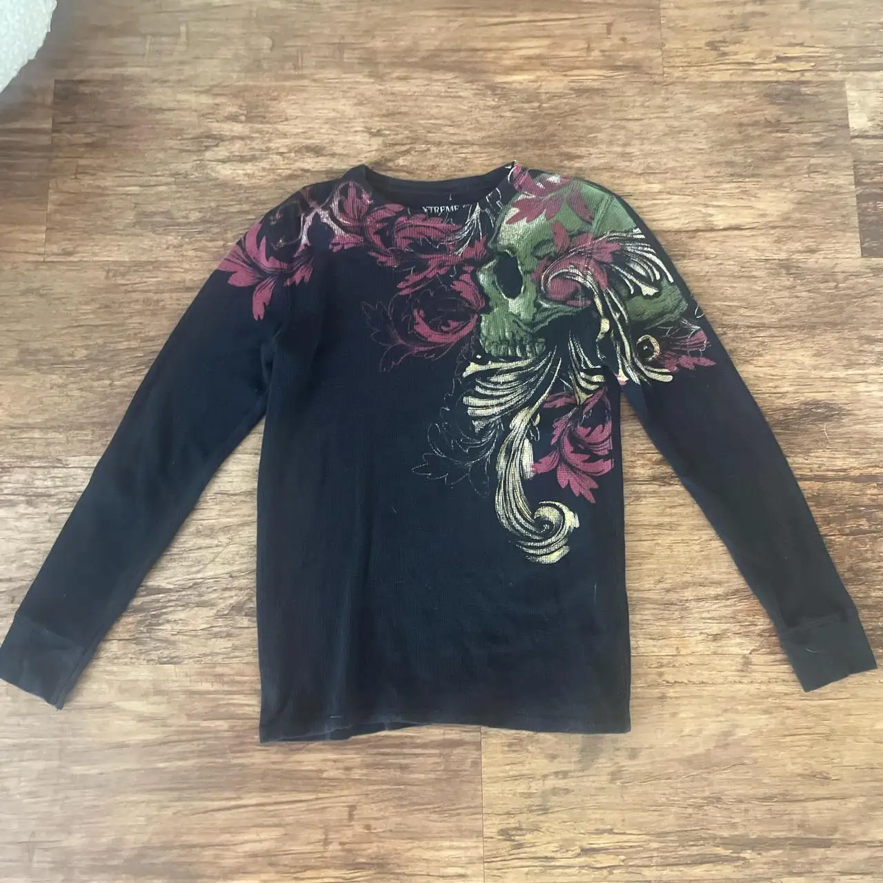 

Мужская термофутболка Grail Xtreme Couture 2000-х годов, черная, с длинным рукавом, модная уличная одежда с цветочным принтом и черепом