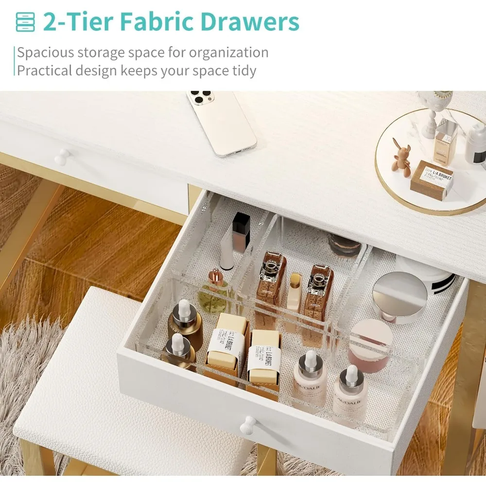 مكتب مكياج صغير من Lufeiya مع مرآة وإضاءة، طقم مكاتب زينة بيضاء مقاس 32 بوصة مع أدراج قماشية للفتيات المراهقات، فستان #5