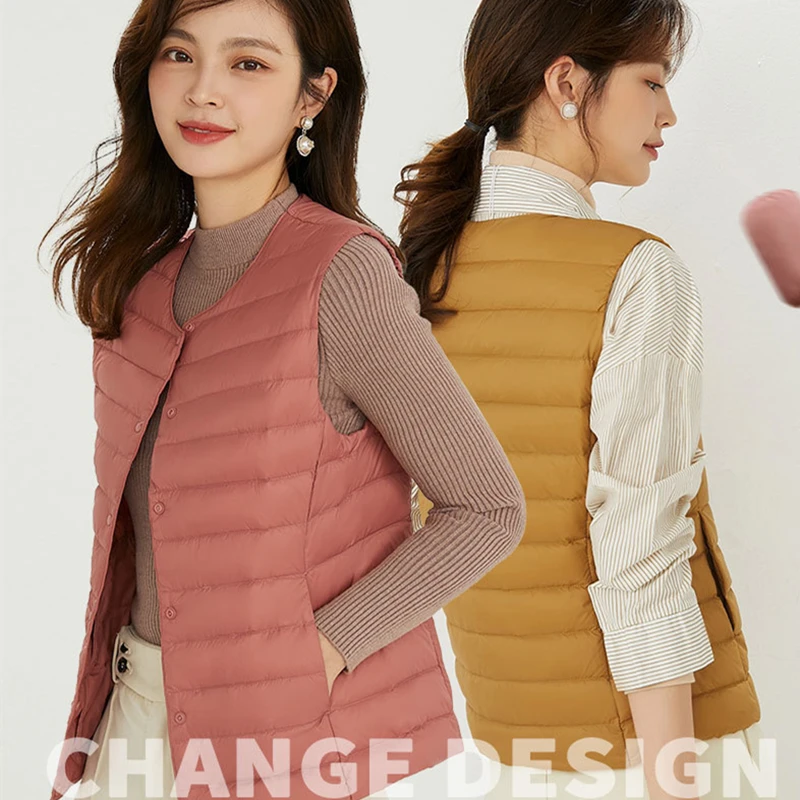 Fashion Women's 90 Velvet Light Warm Round Neck Light Garden Ribbon Down Jacket Vest Large Size Coats Ladies Korean Down Jackets