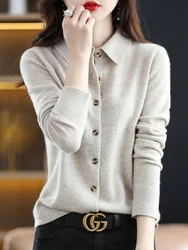 Fashion 100% Merino Wool Woman Sweater High Quality Long Sleeve Cardigan Polo-Collar Spring Autumn Winter Clothing Knitwear Tops