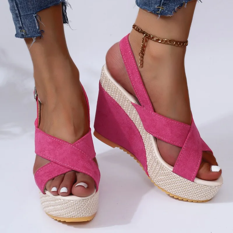 Wedge Sandals for Women 2024 New Pin Buckle Design Women's Sandals Super High Heel 8CM or Above Rome Ladies Shoes Sandalia Mujer