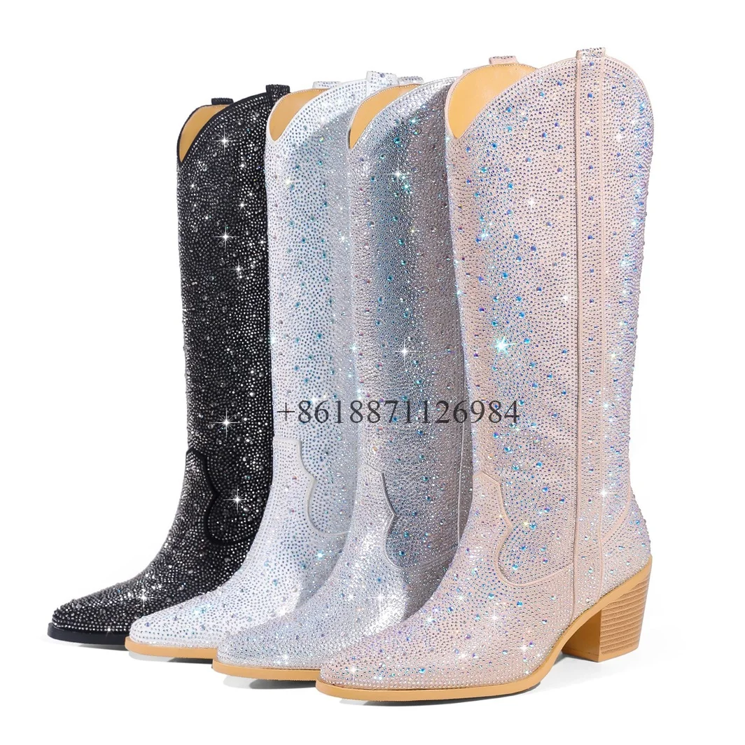 

Fashion Style Bling Rhinestone Pointed Toe Over The Knee Women Boots Chunky High Heels Slip On Design Large Size Shoes