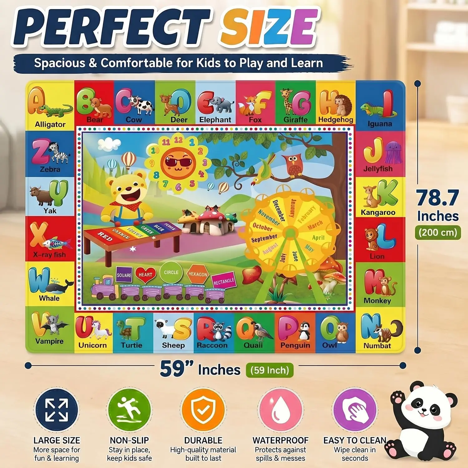 Large Colorful ABC Kids Play Rug, Soft Low-Pile Non-Slip Classroom Carpet, Learning Area Mat for Playroom